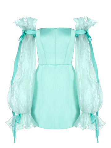 Turquoise Satin & Organza Mini Dress, 1