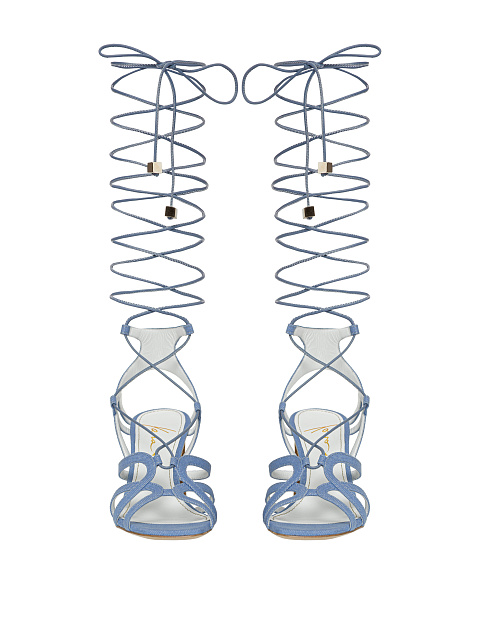 Light Blue Denim Lace Up Heeled Sandals, 2