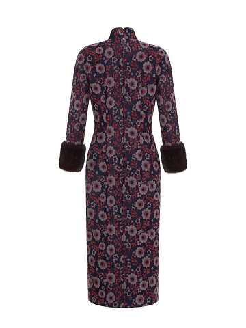 Jacquard Midi Dress With Mink Fur Cuffs, 2