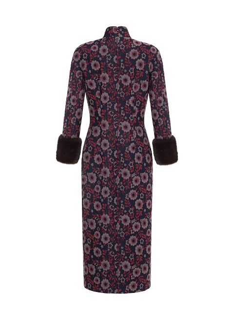 Jacquard Midi Dress With Mink Fur Cuffs, 2 Jacquard Midi Dress With Mink Fur Cuffs, 2