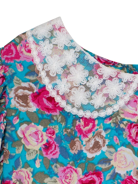Girl's Turquoise Floral Print Lace Trim Dress, 3