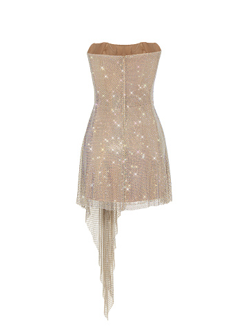 Beige Rhinestones Mesh Mini Dress, 2