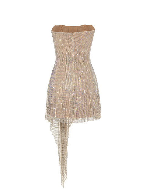 Beige Rhinestones Mesh Mini Dress, 2
