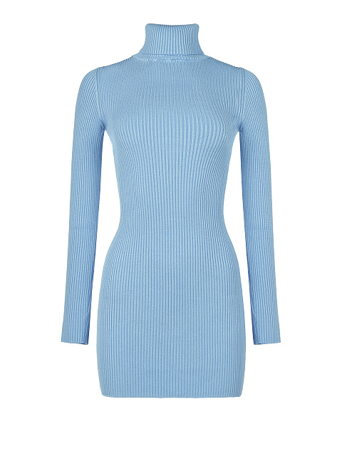 Light Blue Rib Knit Turtleneck Mini Dress, 1
