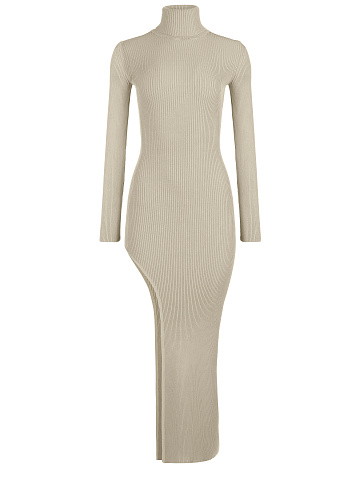 Beige Rib Knit Turtleneck Cut Out Maxi Dress, 1