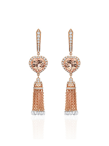 Heart Morganite, Briolette Diamond, Round Diamond & Rose Gold Tassel Earrings, 1