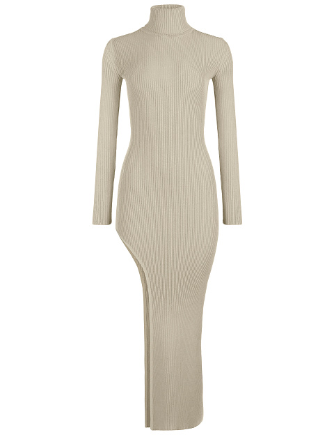 Beige Rib Knit Turtleneck Cut Out Maxi Dress, 1
