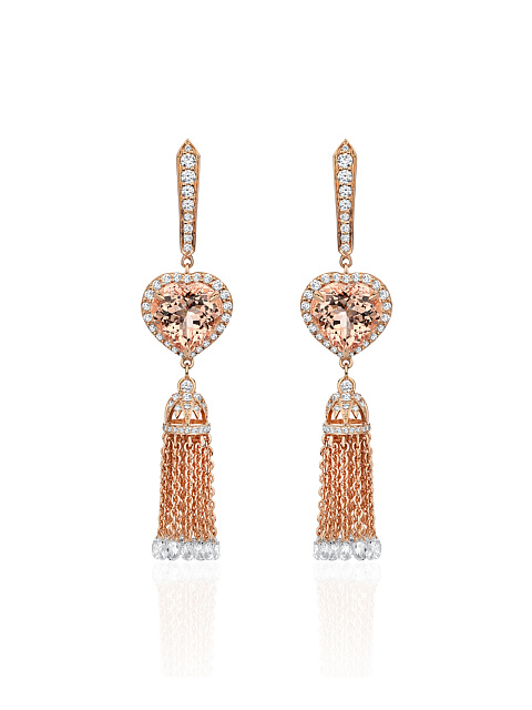 Heart Morganite, Briolette Diamond, Round Diamond & Rose Gold Tassel Earrings, 1
