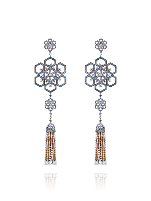 White Gold Spinel Diamond Sapphire Tassel Earrings, 1