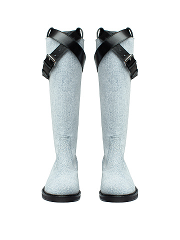 Light Blue Denim & Leather Buckled Knee Boots, 2