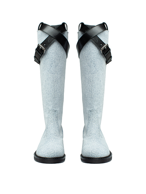 Light Blue Denim & Leather Buckled Knee Boots, 2 Light Blue Denim & Leather Buckled Knee Boots, 2