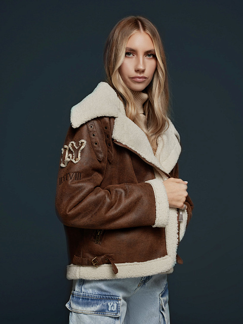 Brown cropped faux‑fur shearling jacket, 12 Brown cropped faux‑fur shearling jacket, 12