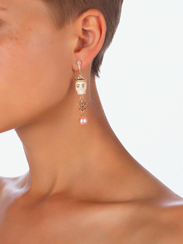 Rose Gold, Diamonds, Pearls & Mammoth Tusk Skull Earrings, 2