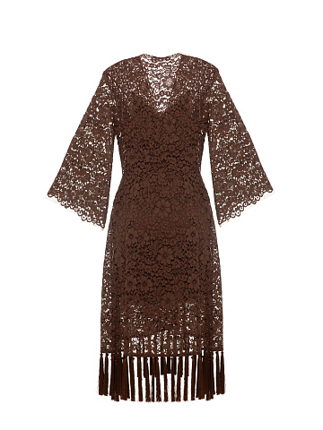 Brown Lace Wrap Midi Dress, 2