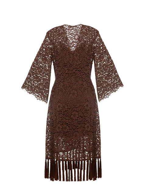 Brown Lace Wrap Midi Dress, 2