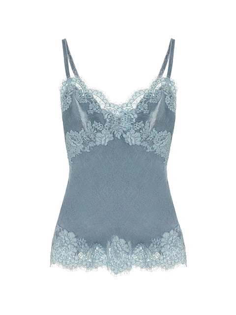 Light Blue Lace Trim Velvet Top, 1