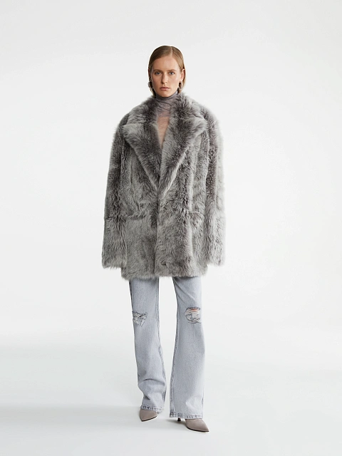 Gray Cropped Sheepskin Coat, 7