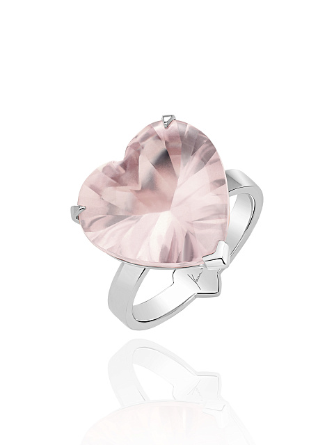 Heart Rose Quartz, Round Ruby & White Gold Ring, 1
