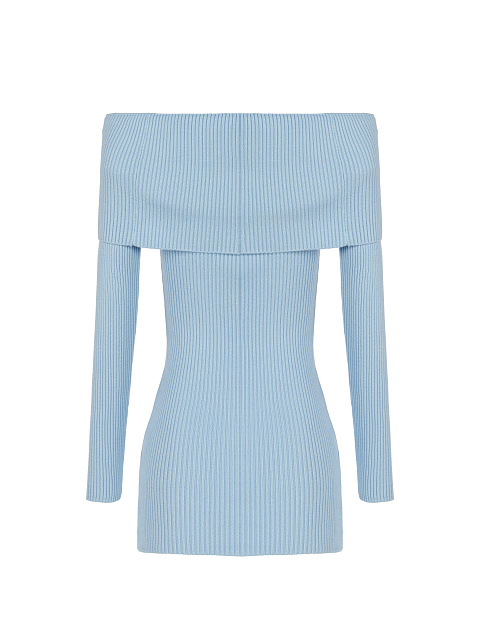 Light Blue Open Shoulder Rib Knit Mini Dress, 2
