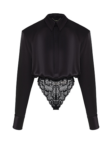 Black silk bodysuit blouse, 1