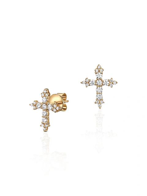 Cross-shaped yellow gold stud earrings with diamonds, 1