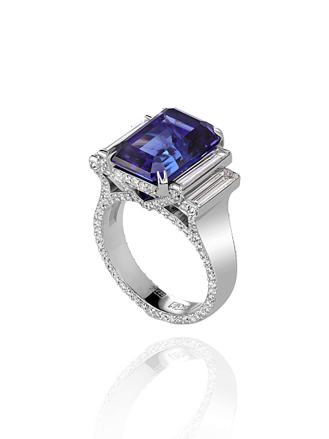 Tanzanite & Baguette Diamond & White Gold Ring, 1