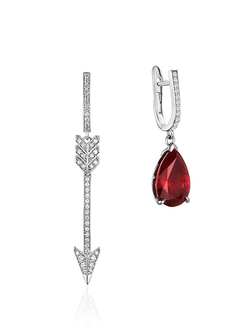 Asymmetric white gold earrings with ruby and diamonds, 4 Asymmetric white gold earrings with ruby and diamonds, 4