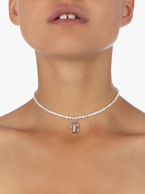Pearls, Cubic Zirkonia & Silver "B" Letter Choker, 3