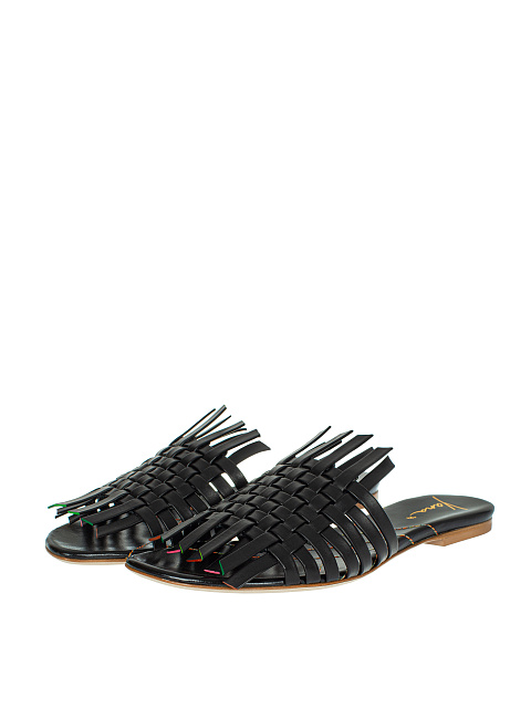 Black Leather Woven Mules, 1