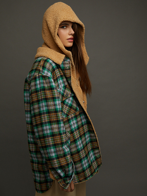 Green Checked Faux Fur Lined Shirt, 6