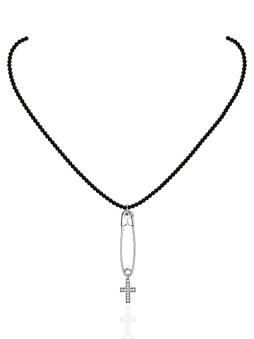 Black Agate & Cubic Zirkonia & Silver "Safety Pin" Necklace , 1