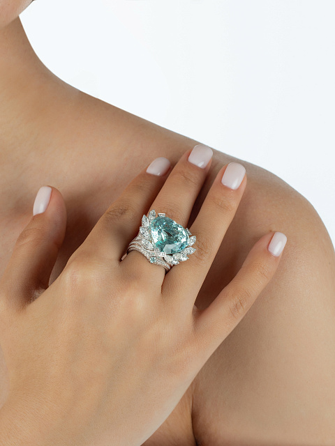 Tourmaline Paraiba, Marquise, Princess Cut, Round Diamond & White Gold Ring, 7 Tourmaline Paraiba, Marquise, Princess Cut, Round Diamond & White Gold Ring, 7