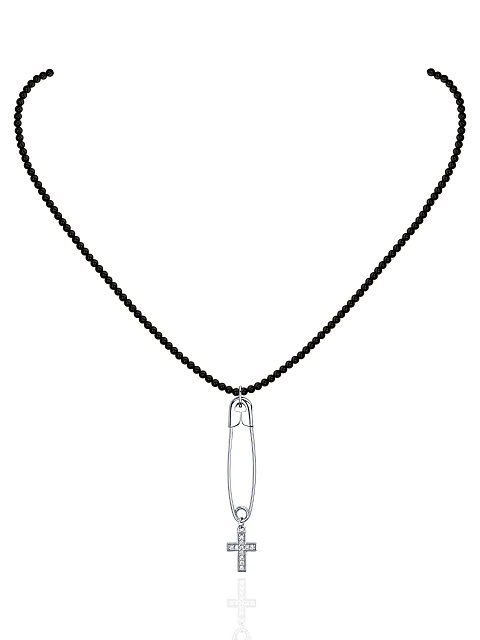 Black Agate & Cubic Zirkonia & Silver "Safety Pin" Necklace , 1 Black Agate & Cubic Zirkonia & Silver "Safety Pin" Necklace , 1