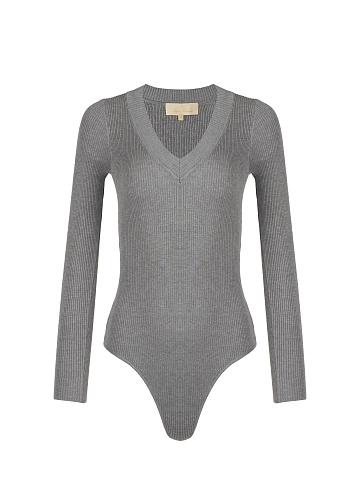Grey Ribbed Cotton V-Neck Bodysuit, 1