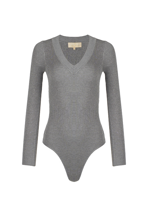 Grey Ribbed Cotton V-Neck Bodysuit, 1