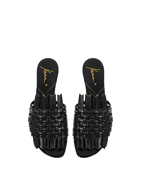 Black Leather Woven Mules, 4