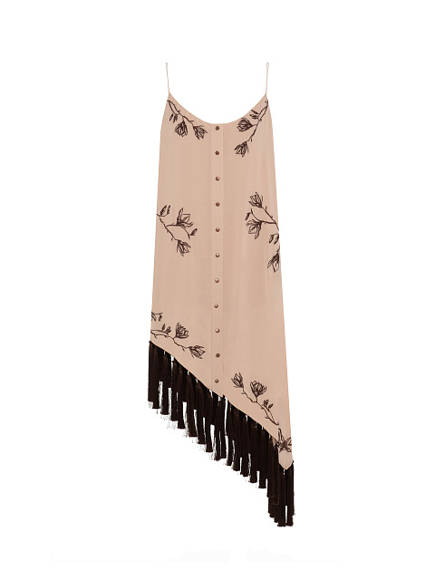 Beige Chiffon Mini Dress with Embroidery and Fringe, 1
