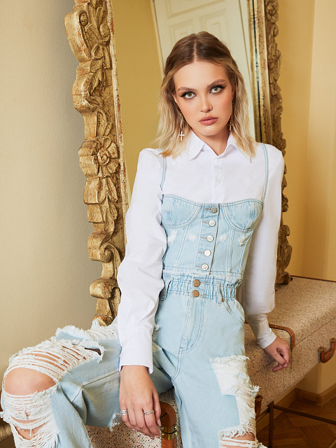 Light Blue Distressed Denim Top, 4