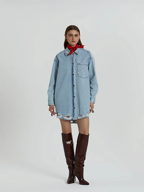 Light Blue Ripped Denim Shirt, 2