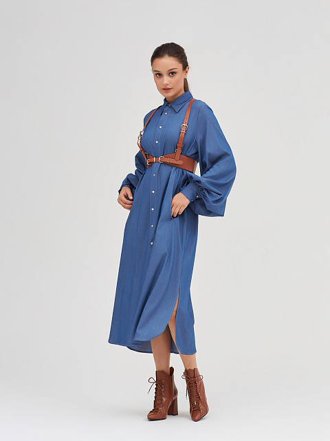 Blue Cotton Puff Sleeves Shirt Dress, 6