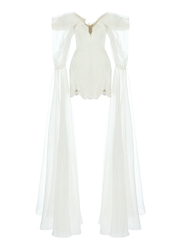 White Lace Organza Sleeve Mini Dress, 1