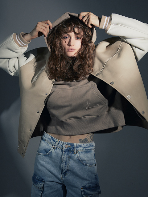 Beige Oversized Shearling Varsity Jacket, 6