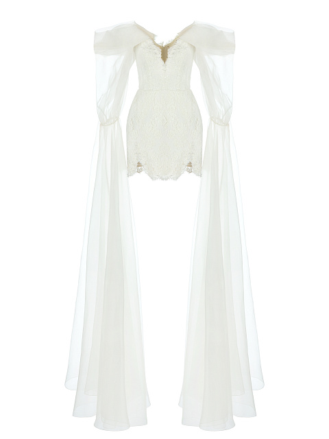 White Lace Organza Sleeve Mini Dress, 1