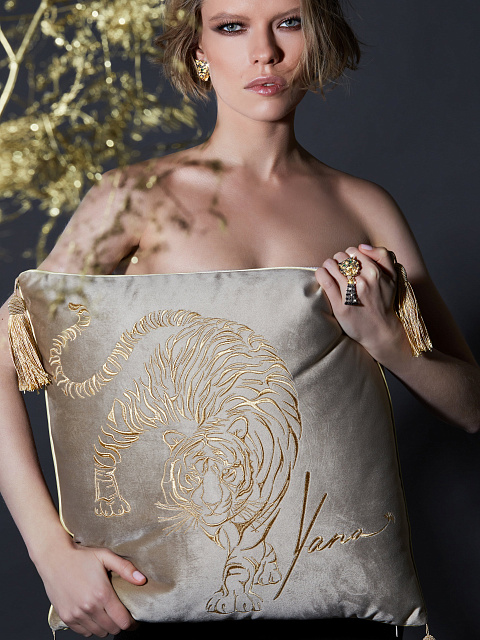 Beige Velvet Embroidered Pillow, 4