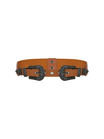 Light Brown Faux Leather Double Buckle Belt, 1