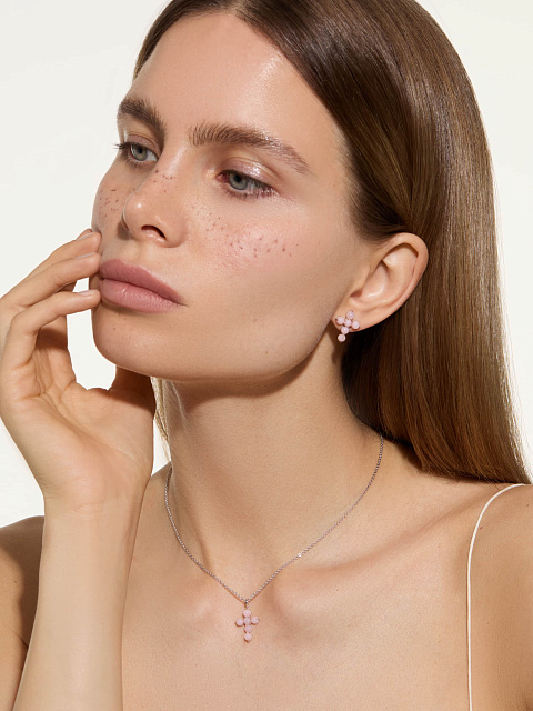 White gold stud earrings in the shape of crosses with pink opal, 3 White gold stud earrings in the shape of crosses with pink opal, 3