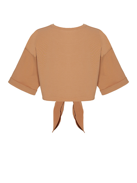 Beige Cotton Cropped Knot T-Shirt, 3