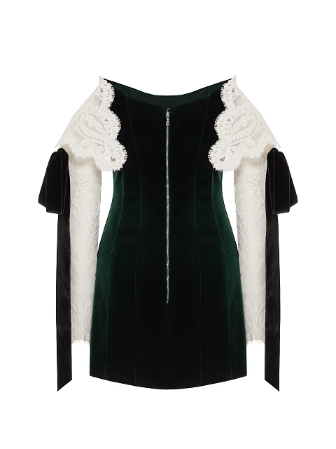 Dark Green Velvet Dress With Lace Sleeves And Ribbons, 2 Dark Green Velvet Dress With Lace Sleeves And Ribbons, 2