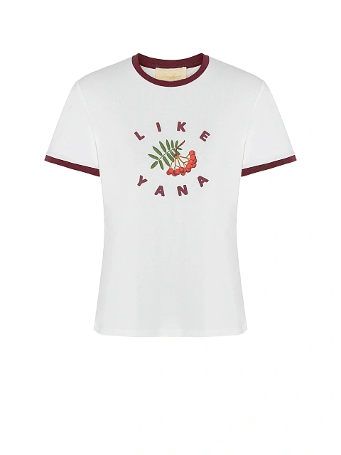 White T-shirt With Print And Bordeaux Piping, 1 White T-shirt With Print And Bordeaux Piping, 1