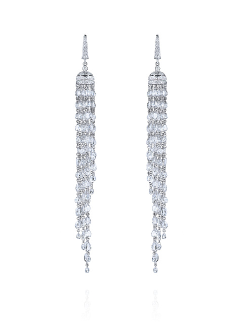 Briolette Diamond & Fancy Cut Diamond & White Gold Tassel Earrings, 1
